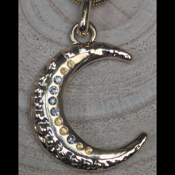 Crescent Moon Necklace Rhinestone Accents 18K Plated Gold Snake Chain - Picture 4 of 6